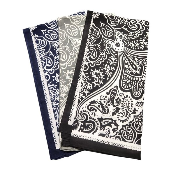 Cotton Bandanas Paisley Print Handkerchiefs 3-Pack Black/Gray/Navy 22" sq Unisex - Picture 11 of 15